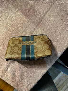Coach Brown Signature Cosmetic Pouch with Teal Stripes